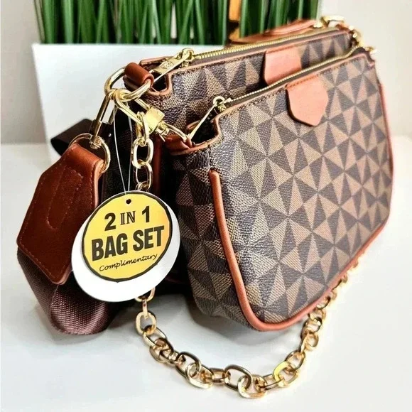 Designer Style Monogram Crossbody Bag Brown Gold Chain NWT - Picture 3 of 13